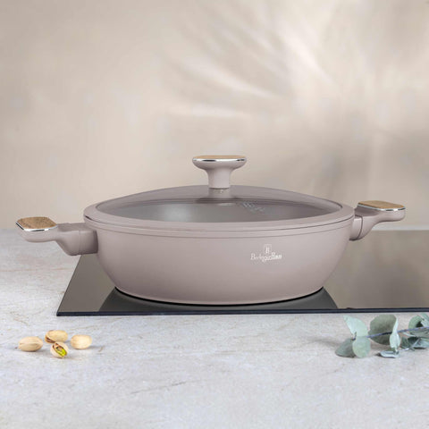  BH/8337, Olla baja con tapa de 28 cm, color topo mate, madera, olla baja de 28 cm, nuevo diseño de asa, olla baja, olla baja con tapa, olla, utensilios de cocina, cocina, ollas y cazuelas