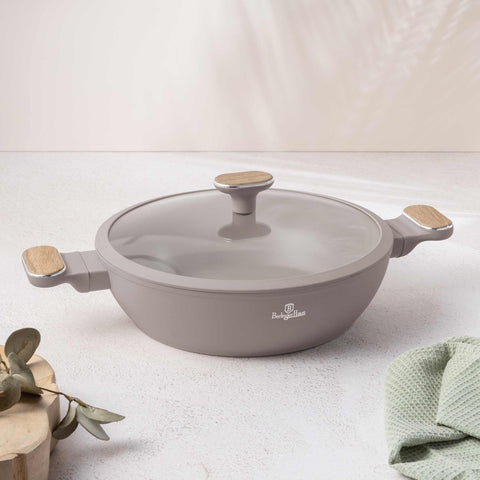  BH/8337, Olla baja con tapa de 28 cm, color topo mate, madera, olla baja de 28 cm, nuevo diseño de asa, olla baja, olla baja con tapa, olla, utensilios de cocina, cocina, ollas y cazuelas