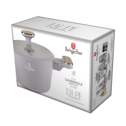 BH/8338, Cacerola con tapa de 20 cm, color topo mate, de madera, cacerola de 20 cm, nuevo diseño de mango, cacerola, olla, cacerola con tapa, utensilios de cocina, cocina, ollas y cazuelas