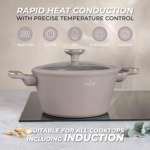 BH/8339, Cacerola con tapa de 24 cm, color topo mate, de madera, cacerola de 24 cm, nuevo diseño de mango, cacerola, olla, cacerola con tapa, utensilios de cocina, cocina, ollas y cazuelas