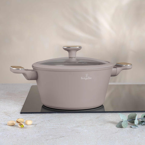 BH/8339, Cacerola con tapa de 24 cm, color topo mate, de madera, cacerola de 24 cm, nuevo diseño de mango, cacerola, olla, cacerola con tapa, utensilios de cocina, cocina, ollas y cazuelas