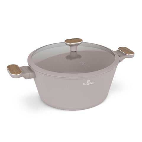 Product image of Casserole with lid 28cm. Part of the Taupe Nordic Collection . Features: • Material: forged aluminum with non-stick titanPro coating • Casserole with lid Ø28*13 cm 6,3L • Color: matt taupe, wooden REGISTERED DESIGN BY BE.... (Studio view). Official Berlinger Haus product, boosted by Promintra sl.