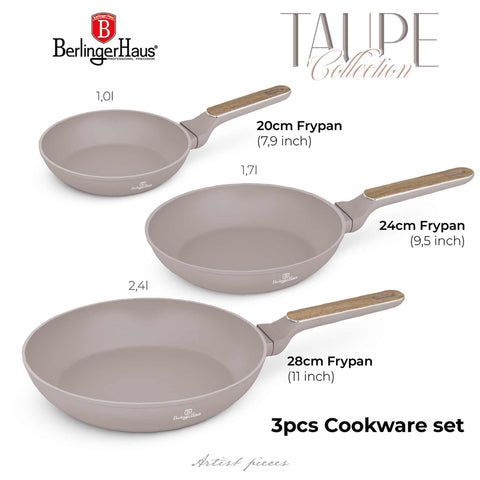 BH/8341, cocina, cookwareset, frypan, gris topo mate, juego de 3 sartenes, juego de sartenes, madera, Pan Set, Pans, sartén, Taupe Nordic Collection, utensilios de cocina, Imagen conceptual: producto y función clave.
