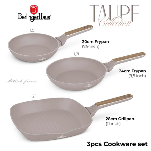 Baking, BH/8342, cocina, cookwareset, frypan, gris topo mate, juego de 3 sartenes, juego de sartenes, madera, Pan Set, Pans, sartén, sartén para parrilla, Taupe Nordic Collection, utensilios de cocina, Imagen conceptual: producto y función clave.