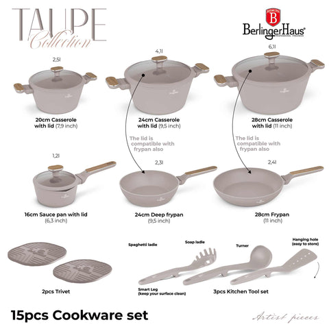 BH/8344, cocina, Cookware Set, cookwareset, frypan, gris topo mate, herramientas de cocina, juego, juego de ollas, juego de ollas y sartenes, juego de utensilios de cocina de 15 piezas, kitchenutensil, madera, ollas y sartenes, pot, Pots & Casseroles, Taupe Nordic Collection, utensilios de cocina, Imagen conceptual: producto y función clave.