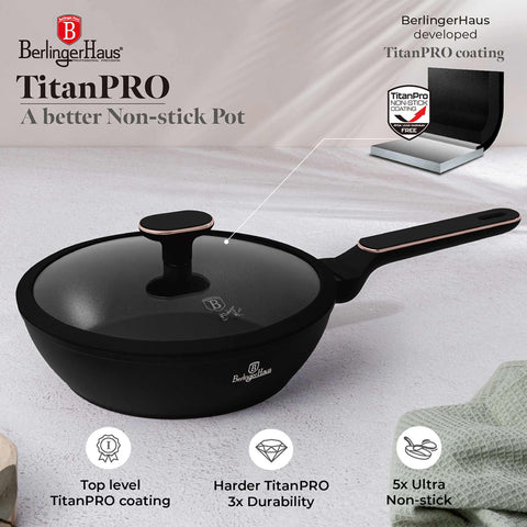  BH/8352, Sartén honda con tapa 24cm, Negro mate, Oro rosa, Sartén honda 24 cm, Nuevo diseño de mango, Sartén, Sartén honda, Sartén honda con tapa, Sartén, Batería de cocina, Cocina, Sartenes