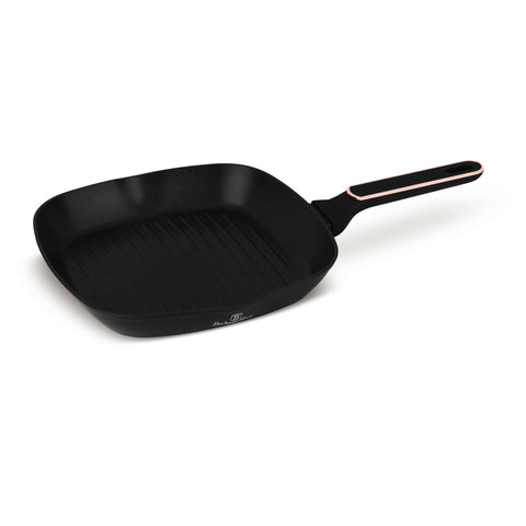 Product image of Grill pan 28cm. Part of the Black Rose Collection . Features: • Material: forged aluminum with non-stick titanPro coating • Grill pan Ø28*4,1 cm 2,1L • Color: matt black- rose gold REGISTERED DESIGN BY BERLING.... (Studio view). Official Berlinger Haus product, boosted by Promintra sl.