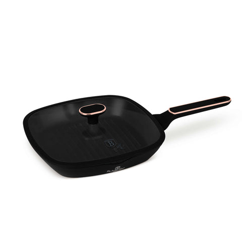  BH/8355, Sartén grill con tapa de 28 cm, Negro mate, Oro rosa, Sartén grill de 28 cm con tapa, Nuevo diseño de mango, Sartén, Sartén, Sartén grill, Sartén grill con tapa, Batería de cocina, Cocina, Sartenes