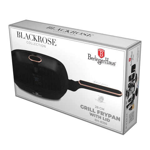  BH/8355, Sartén grill con tapa de 28 cm, Negro mate, Oro rosa, Sartén grill de 28 cm con tapa, Nuevo diseño de mango, Sartén, Sartén, Sartén grill, Sartén grill con tapa, Batería de cocina, Cocina, Sartenes
