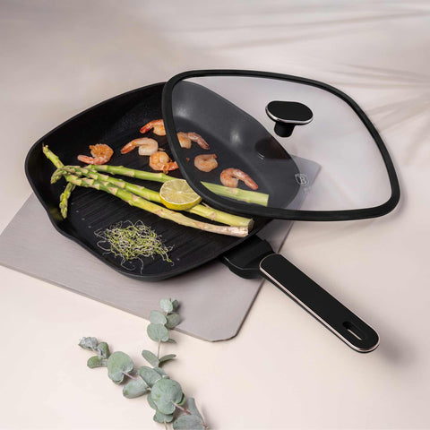  BH/8355, Sartén grill con tapa de 28 cm, Negro mate, Oro rosa, Sartén grill de 28 cm con tapa, Nuevo diseño de mango, Sartén, Sartén, Sartén grill, Sartén grill con tapa, Batería de cocina, Cocina, Sartenes