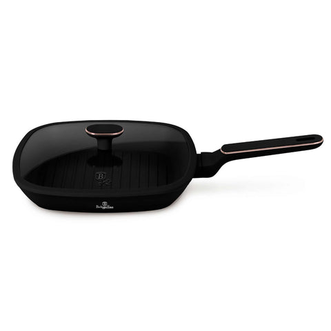 Product image of Grill pan with lid 28cm. Part of the Black Rose Collection . Features: • Material: forged aluminum with non-stick titanPro coating • Grill pan with lid Ø28*4,1 cm 2,1L • Color: matt black- rose gold REGISTERED DESIGN B.... (Studio view). Official Berlinger Haus product, boosted by Promintra sl.