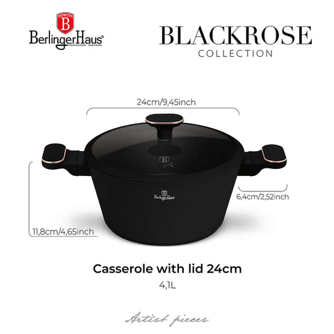  BH/8358, Cacerola con tapa de 24 cm, Negro mate, Oro rosa, Cacerola de 24 cm, Nuevo diseño de asa, Cacerola, Olla, Cacerola con tapa, Batería de cocina, Cocina, Ollas y cazuelas