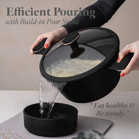  BH/8358, Cacerola con tapa de 24 cm, Negro mate, Oro rosa, Cacerola de 24 cm, Nuevo diseño de asa, Cacerola, Olla, Cacerola con tapa, Batería de cocina, Cocina, Ollas y cazuelas