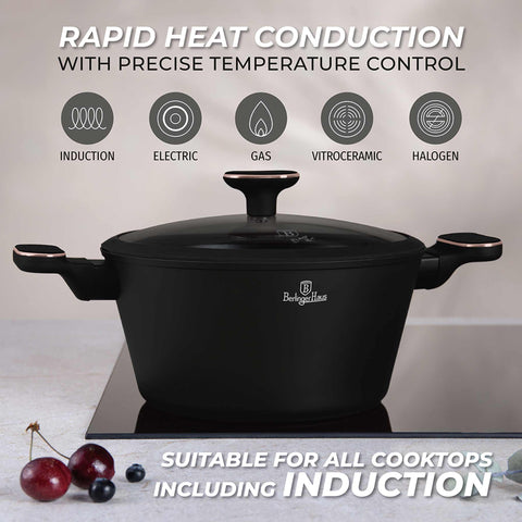  BH/8358, Cacerola con tapa de 24 cm, Negro mate, Oro rosa, Cacerola de 24 cm, Nuevo diseño de asa, Cacerola, Olla, Cacerola con tapa, Batería de cocina, Cocina, Ollas y cazuelas