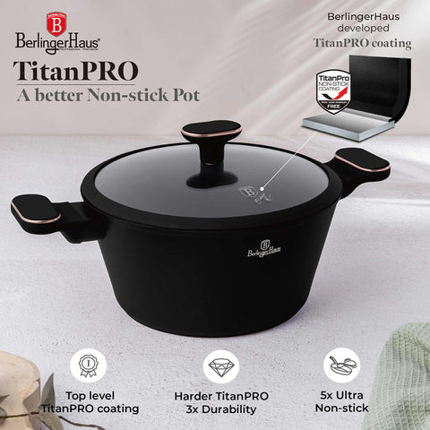  BH/8358, Cacerola con tapa de 24 cm, Negro mate, Oro rosa, Cacerola de 24 cm, Nuevo diseño de asa, Cacerola, Olla, Cacerola con tapa, Batería de cocina, Cocina, Ollas y cazuelas