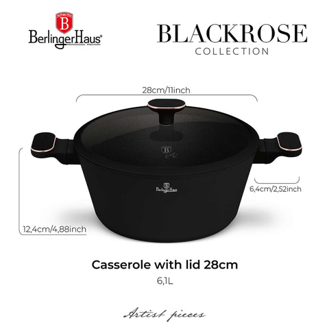  BH/8359, Cacerola con tapa de 28 cm, Negro mate, Oro rosa, Cacerola de 28 cm, Nuevo diseño de asa, Cacerola, Olla, Cacerola con tapa, Batería de cocina, Cocina, Ollas y cazuelas