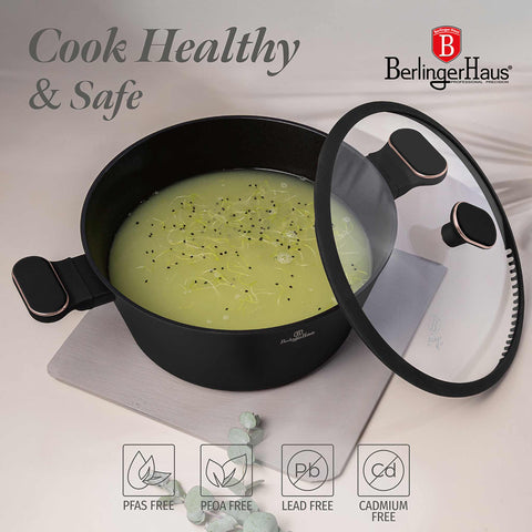  BH/8359, Cacerola con tapa de 28 cm, Negro mate, Oro rosa, Cacerola de 28 cm, Nuevo diseño de asa, Cacerola, Olla, Cacerola con tapa, Batería de cocina, Cocina, Ollas y cazuelas