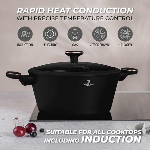  BH/8359, Cacerola con tapa de 28 cm, Negro mate, Oro rosa, Cacerola de 28 cm, Nuevo diseño de asa, Cacerola, Olla, Cacerola con tapa, Batería de cocina, Cocina, Ollas y cazuelas