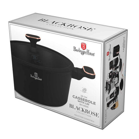  BH/8359, Cacerola con tapa de 28 cm, Negro mate, Oro rosa, Cacerola de 28 cm, Nuevo diseño de asa, Cacerola, Olla, Cacerola con tapa, Batería de cocina, Cocina, Ollas y cazuelas