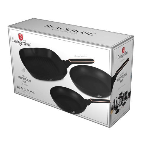 BH/8361, juego de 3 sartenes, negro mate, oro rosa, juego de 3 sartenes b., nuevo diseño de mango, sartén, juego de sartenes, sartén, juego de sartenes, sartén para parrilla, utensilios de cocina, cocina, sartenes, juego de sartenes