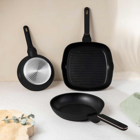 BH/8361, juego de 3 sartenes, negro mate, oro rosa, juego de 3 sartenes b., nuevo diseño de mango, sartén, juego de sartenes, sartén, juego de sartenes, sartén para parrilla, utensilios de cocina, cocina, sartenes, juego de sartenes