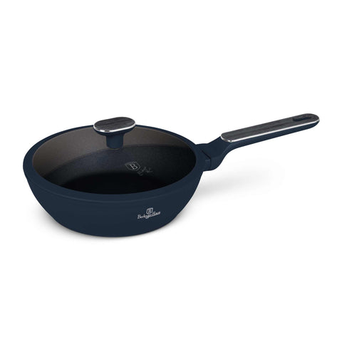 Product image of Deep frypan with lid 24cm. Part of the Deep Sea Collection . Features: • Material: forged aluminum with non-stick titanPro coating • Deep frypan with lid Ø24*6,5 cm 2,3L • Color: matt blue, grey wooden REGISTERED DESIG.... (Studio view). Official Berlinger Haus product, boosted by Promintra sl.