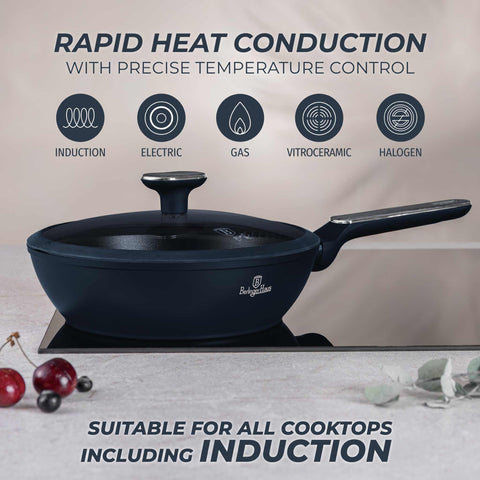  BH/8371, Sartén honda con tapa 24cm, Azul Mate, Madera Gris, Sartén honda 24 cm, Nuevo diseño de mango, Sartén, Sartén honda, Sartén honda con tapa, Sartén, Batería de cocina, Cocina, Sartenes