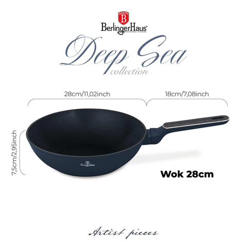  BH/8372, Wok 28cm, Azul Mate, Madera Gris, Wok 28 cm, Nuevo diseño de mango, Wok, Batería de cocina, Cocina, Sartenes
