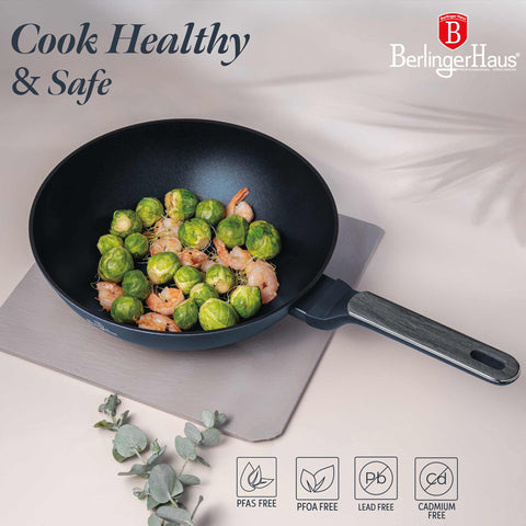  BH/8372, Wok 28cm, Azul Mate, Madera Gris, Wok 28 cm, Nuevo diseño de mango, Wok, Batería de cocina, Cocina, Sartenes