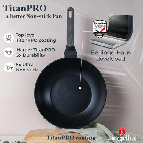  BH/8372, Wok 28cm, Azul Mate, Madera Gris, Wok 28 cm, Nuevo diseño de mango, Wok, Batería de cocina, Cocina, Sartenes