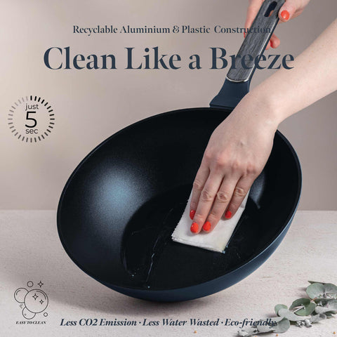  BH/8372, Wok 28cm, Azul Mate, Madera Gris, Wok 28 cm, Nuevo diseño de mango, Wok, Batería de cocina, Cocina, Sartenes