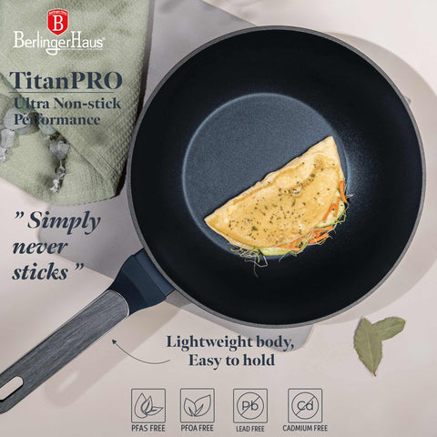  BH/8372, Wok 28cm, Azul Mate, Madera Gris, Wok 28 cm, Nuevo diseño de mango, Wok, Batería de cocina, Cocina, Sartenes