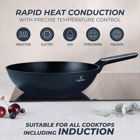 BH/8372, Wok 28cm, Azul Mate, Madera Gris, Wok 28 cm, Nuevo diseño de mango, Wok, Batería de cocina, Cocina, Sartenes