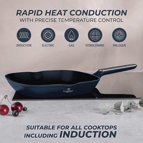  BH/8373, Sartén grill 28cm, Azul mate, Madera gris, Sartén grill 28 cm, Nuevo diseño de mango, Sartén, Sartén grill, Batería de cocina, Cocina, Sartenes