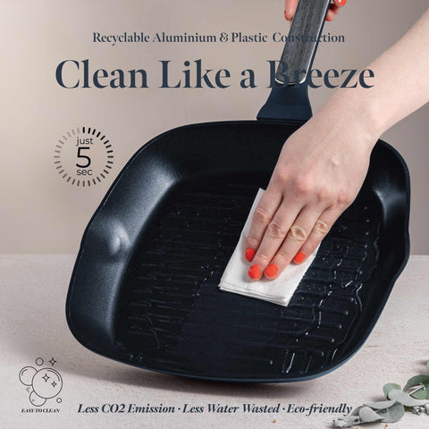  BH/8373, Sartén grill 28cm, Azul mate, Madera gris, Sartén grill 28 cm, Nuevo diseño de mango, Sartén, Sartén grill, Batería de cocina, Cocina, Sartenes