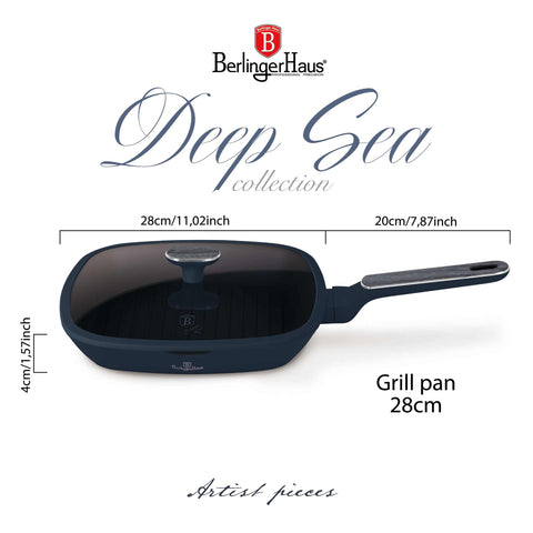  BH/8374, Sartén grill con tapa 28cm, Azul Mate, Madera Gris, Sartén grill 28 cm con tapa, Nuevo diseño de mango, Sartén, Sartén, Sartén grill, Sartén grill con tapa, Batería de cocina, Cocina, Sartenes