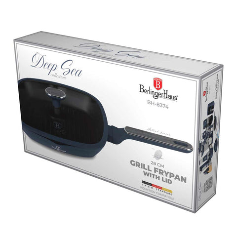  BH/8374, Sartén grill con tapa 28cm, Azul Mate, Madera Gris, Sartén grill 28 cm con tapa, Nuevo diseño de mango, Sartén, Sartén, Sartén grill, Sartén grill con tapa, Batería de cocina, Cocina, Sartenes