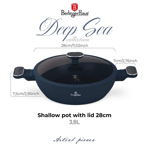  BH/8375, Olla baja con tapa de 28 cm, Azul mate, Madera gris, Olla baja de 28 cm, Nuevo diseño de asa, Olla baja, Olla baja con tapa, Olla, Utensilios de cocina, Cocina, Ollas y cazuelas