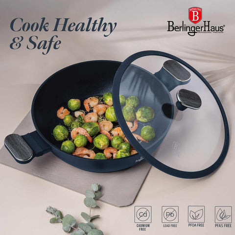  BH/8375, Olla baja con tapa de 28 cm, Azul mate, Madera gris, Olla baja de 28 cm, Nuevo diseño de asa, Olla baja, Olla baja con tapa, Olla, Utensilios de cocina, Cocina, Ollas y cazuelas