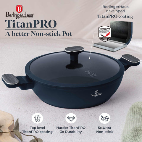  BH/8375, Olla baja con tapa de 28 cm, Azul mate, Madera gris, Olla baja de 28 cm, Nuevo diseño de asa, Olla baja, Olla baja con tapa, Olla, Utensilios de cocina, Cocina, Ollas y cazuelas