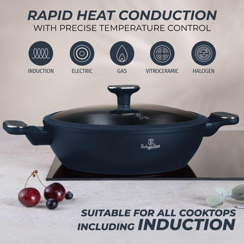  BH/8375, Olla baja con tapa de 28 cm, Azul mate, Madera gris, Olla baja de 28 cm, Nuevo diseño de asa, Olla baja, Olla baja con tapa, Olla, Utensilios de cocina, Cocina, Ollas y cazuelas