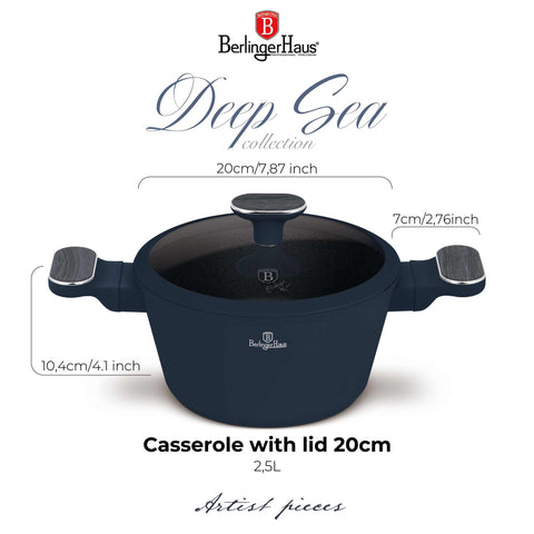  BH/8376, Cacerola con tapa 20cm, Azul Mate, Madera Gris, Cacerola 20 cm, Nuevo diseño de mango, Cacerola, Olla, Cacerola con tapa, Batería de cocina, Cocina, Ollas y cazuelas