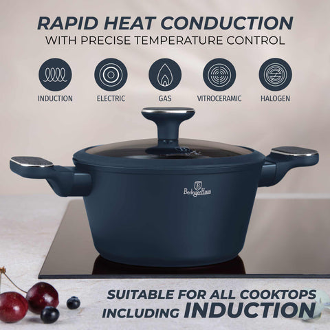  BH/8376, Cacerola con tapa 20cm, Azul Mate, Madera Gris, Cacerola 20 cm, Nuevo diseño de mango, Cacerola, Olla, Cacerola con tapa, Batería de cocina, Cocina, Ollas y cazuelas