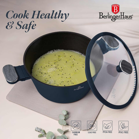 Product image of Casserole with lid 24cm. Part of the Deep Sea Collection . Features: • Material: forged aluminum with non-stick titanPro coating • Casserole with lid Ø24*12,5 cm 4,3L • Color: matt blue, grey wooden REGISTERED DESIGN.... (Studio view). Official Berlinger Haus product, boosted by Promintra sl.