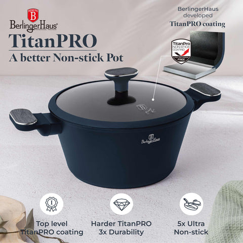 Product image of Casserole with lid 24cm. Part of the Deep Sea Collection . Features: • Material: forged aluminum with non-stick titanPro coating • Casserole with lid Ø24*12,5 cm 4,3L • Color: matt blue, grey wooden REGISTERED DESIGN.... (Studio view). Official Berlinger Haus product, boosted by Promintra sl.