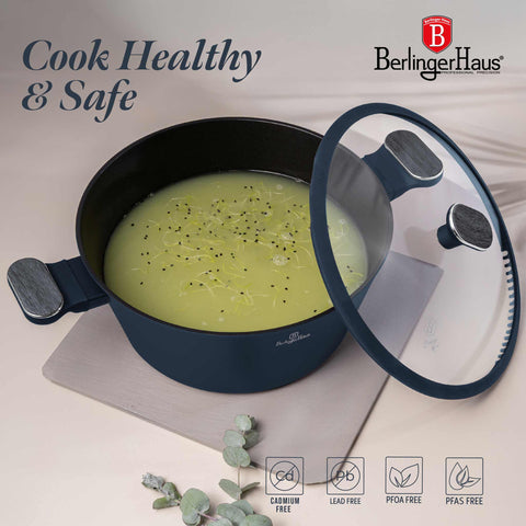 BH/8378, Cacerola con tapa 28cm, Azul Mate, Madera Gris, Cacerola de 28 cm, Nuevo diseño de mango, Cacerola, Olla, Cacerola con tapa, Batería de cocina, Cocina, Ollas y cazuelas
