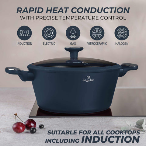 BH/8378, Cacerola con tapa 28cm, Azul Mate, Madera Gris, Cacerola de 28 cm, Nuevo diseño de mango, Cacerola, Olla, Cacerola con tapa, Batería de cocina, Cocina, Ollas y cazuelas