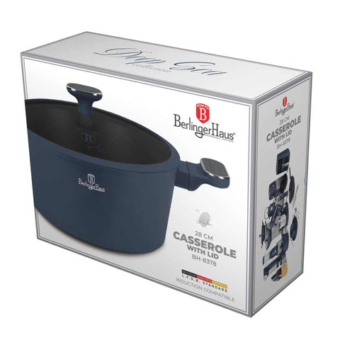 BH/8378, Cacerola con tapa 28cm, Azul Mate, Madera Gris, Cacerola de 28 cm, Nuevo diseño de mango, Cacerola, Olla, Cacerola con tapa, Batería de cocina, Cocina, Ollas y cazuelas
