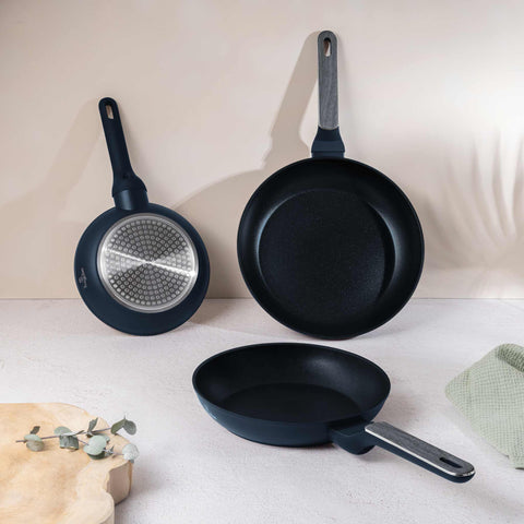  BH/8379, juego de 3 sartenes, azul mate, madera gris, juego de 3 sartenes a., nuevo diseño de mango, sartén, juego de sartenes, sartén, juego de sartenes, utensilios de cocina, cocina, sartenes, juego de sartenes
