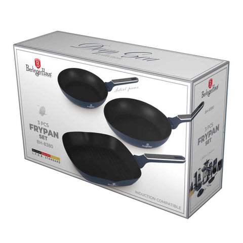  BH/8380, juego de 3 sartenes, azul mate, madera gris, juego de 3 sartenes b., nuevo diseño de mango, sartén, juego de sartenes, sartén, juego de sartenes, sartén para parrilla, utensilios de cocina, cocina, sartenes, juego de sartenes